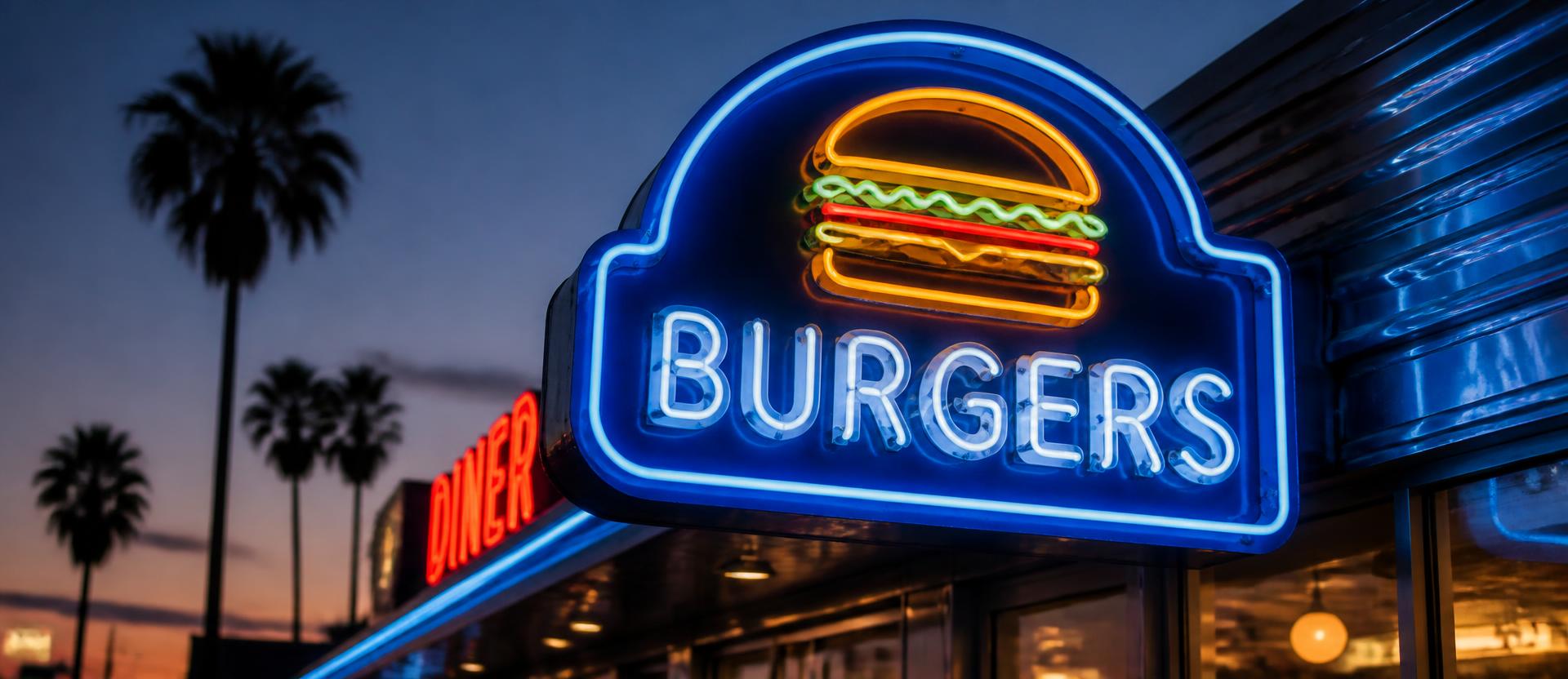 Neon burger sign glowing at twilight outside Original Troy's